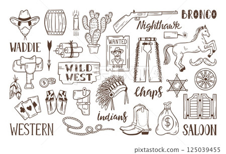 Cowboy doodle elements. Western collection, hand drawn salon wooden gates, horse, gun, cowboy boots. Isolated wild west symbols, neoteric vector set Cowboy doodle elements. Western collection, hand drawn salon wooden gates, horse, gun, cowboy boots. Isolated wild west symbols, neoteric vector set 125039455