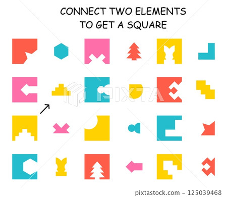 Connect two elements game. Cutting geometric shapes, educational play with squares. Children play, kindergarten or preschool nowaday vector template Connect two elements game. Cutting geometric shapes, educational play with squares. Children play, kindergarten or preschool nowaday vector template 125039468