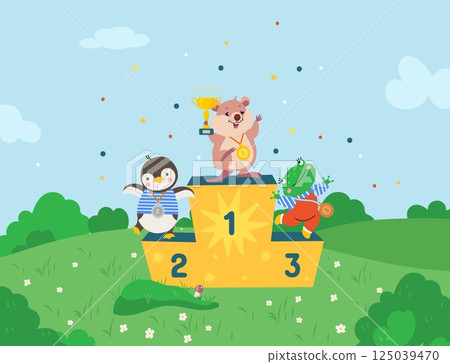 Animals on pedestal. Winners award process, frog penguin and hamster with bronze silver and gold medals. Cartoon winners nowaday vector scene 125039470