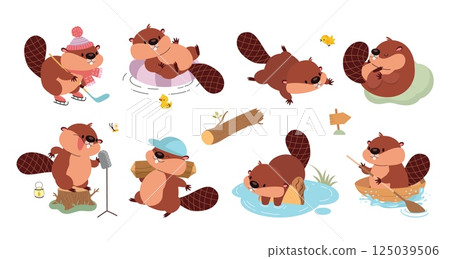 Funny beaver. Cute cartoon beavers sleeping, resting, swimming and singing. Wild forest animal building wooden dam from logs, nowaday vector set 125039506