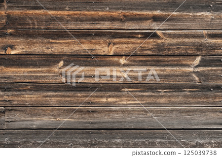 Close-up of old wooden wall texture with visible grain and rustic tones. Wooden surface, natural material, vernacular architecture, eco-lifestyle philosophy 125039738