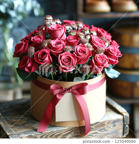 Pink roses a round box with a pink ribbon on top 125040080