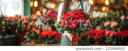 Cropped view, the florist with a bouquet of Red roses in blurred florist shop 125040082