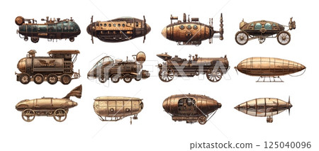 Vintage steampunk transports cartoon vector collection. Aircraft dirigibles vessels automobiles submarines, motors steam devices vehicles retro victorian futuristic cars, isolated on white 125040096