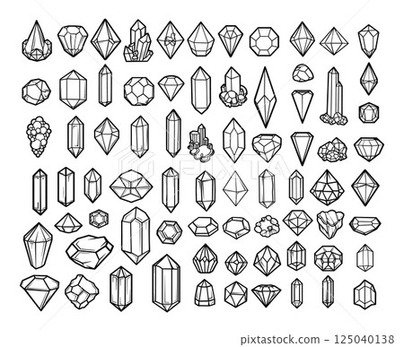 Precious stones and crystals black outline vector collection. Shiny gem brilliance cut rock quartz gemstones, minerals glass pebbles monochrome contour drawing isolated illustrations backdrop 125040138