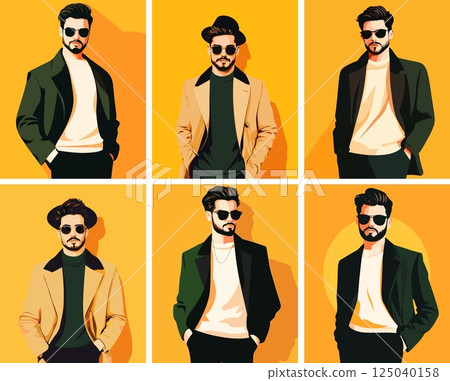 Male person portraits illustrations cartoon vector collection. Stylish modern eyewear man city model profiles icons, fashionable vogue bold trend appearance character, isolated arts 125040158