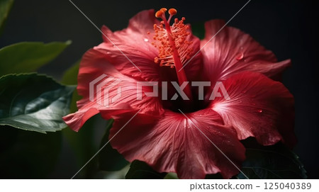 Vibrant Red Hibiscus Flower with Dew Drops Close Up Against Dark Background Highlighting Detailed Petals and Stamen in Natural Setting Vibrant Red Hibiscus Flower with Dew Drops Close Up Against Dark Background Highlighting Detailed Petals and Stamen in Natural Setting 125040389