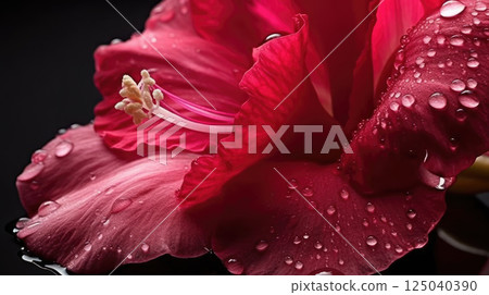 Dew Kissed Red Hibiscus Close Up with Detailed Petals and Stamen Against a Dark Background Highlighting Vibrant Color and Natural Beauty 125040390