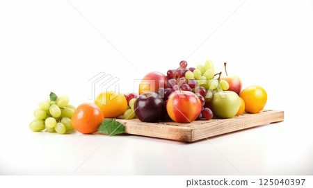 Assorted Fresh Fruits Including Oranges Apples Grapes and Pears on White Background Healthy and Vibrant Source of Vitamins 125040397