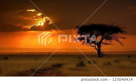 Stunning African Sunset with Silhouetted Acacia Tree on the Savannah with Orange and Red Sky Stunning African Sunset with Silhouetted Acacia Tree on the Savannah with Orange and Red Sky 125040414