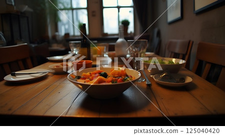 Cozy dining room with wooden table set for a meal featuring a colorful salad and assorted dishes in warm natural light from large windows, creating a homely and inviting atmosphere. 125040420