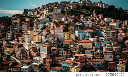 Colorful hillside community with densely packed houses under a bright blue sky showcasing vibrant architecture in a picturesque mountainous area. 125040421
