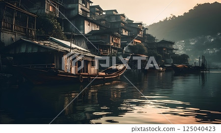 Scenic view of traditional riverside houses and wooden boats at dawn in a misty mountain village with soft warm light and serene reflections on the calm water. Scenic view of traditional riverside houses and wooden boats at dawn in a misty mountain village with soft warm light and serene reflections on the calm water. 125040423