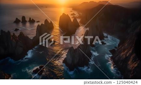 Dramatic coastal cliffs and rock formations illuminated by the warm hues of a setting sun over a serene ocean landscape. Dramatic coastal cliffs and rock formations illuminated by the warm hues of a setting sun over a serene ocean landscape. 125040424