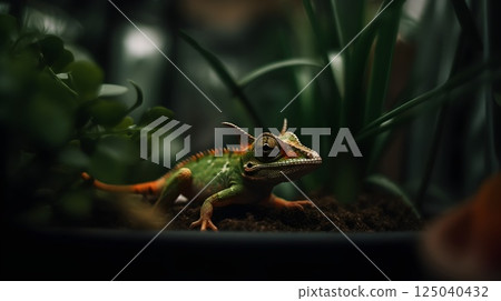 Colorful chameleon blending with lush green foliage in a dark and serene terrarium setting showcasing its vibrant skin and intricate texture. 125040432