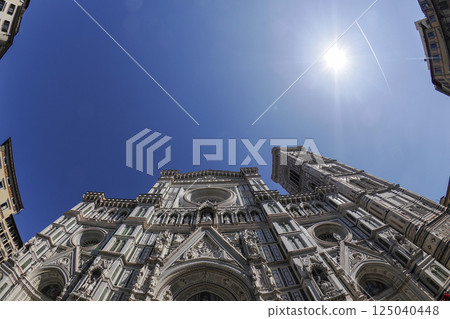 Florence dome cathedral exterior detail fisheye down to up 360 degrees unusual view 125040448