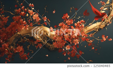 Elegant Red and Gold Floral Composition with Bird on Dark Background, Featuring Detailed Blossoms and Branches for Luxurious Artistic Design Elegant Red and Gold Floral Composition with Bird on Dark Background, Featuring Detailed Blossoms and Branches for Luxurious Artistic Design 125040465