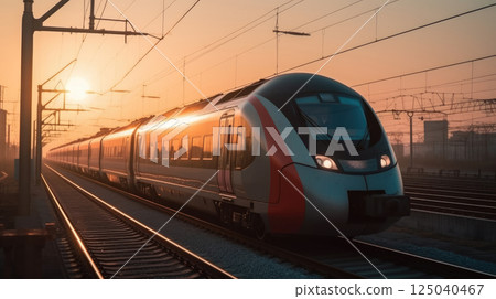 High Speed Bullet Train on Railway at Sunset with Orange Sky and Modern Tracks in the Background High Speed Bullet Train on Railway at Sunset with Orange Sky and Modern Tracks in the Background 125040467