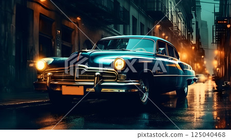 Vintage Classic Pontiac Chieftain at Night on a Rainy City Street with Headlights On and Reflective Wet Pavement Vintage Classic Pontiac Chieftain at Night on a Rainy City Street with Headlights On and Reflective Wet Pavement 125040468