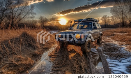 Offroad Car in Muddy Area on Dry Grassland with Beautiful Sunset on the Horizon Highlighting Adventure and Freedom Offroad Car in Muddy Area on Dry Grassland with Beautiful Sunset on the Horizon Highlighting Adventure and Freedom 125040469