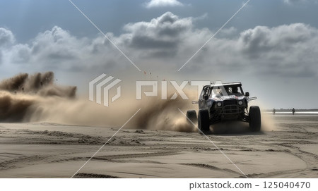 Off Road Racing Buggy Kicking Up Sand on a Sunny Beach with Dramatic Sky and Clouds in Background Off Road Racing Buggy Kicking Up Sand on a Sunny Beach with Dramatic Sky and Clouds in Background 125040470