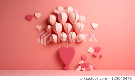 Heart Shaped Balloon Papercraft with Floating Hearts in Soft Pink Tones Creating a Romantic and Artistic Design on a Pink Background Heart Shaped Balloon Papercraft with Floating Hearts in Soft Pink Tones Creating a Romantic and Artistic Design on a Pink Background 125040476