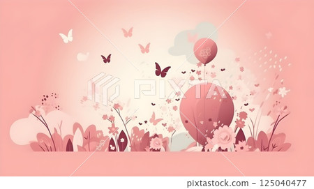 Whimsical Pink Floral Landscape with Butterflies in Soft Pastel Colors, Featuring Delicate Flowers and Balloons in a Dreamy Garden Scene 125040477