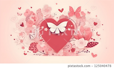 Heart and Butterfly Papercraft with Floral and Love Elements in Soft Pink Tones Creating a Romantic and Artistic Design 125040478