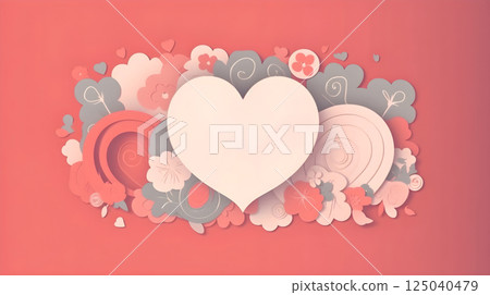 Heart Shaped Papercraft with Floral and Love Elements in Soft Pastel Colors Creating a Romantic and Artistic Design on a Red Background 125040479