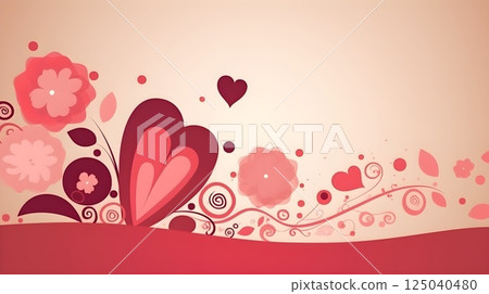 Pink and Red Heart and Floral Pattern on Soft Beige Background, Perfect for Valentine's Day or Romantic Design 125040480