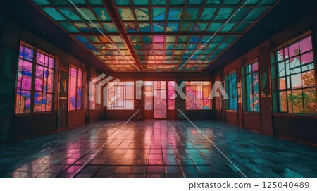 Vibrant Stained Glass Room with Colorful Windows and Reflective Floor in Artistic Interior Setting. A room full of Mosaic glass. Vibrant Stained Glass Room with Colorful Windows and Reflective Floor in Artistic Interior Setting. A room full of Mosaic glass. 125040489