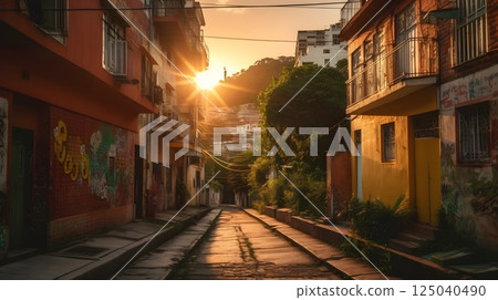Charming Brazilian Residential Street at Sunset with Vibrant Colors and Lush Greenery Charming Brazilian Residential Street at Sunset with Vibrant Colors and Lush Greenery 125040490
