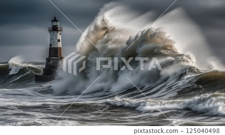 Dramatic Ocean Waves Crashing Against Lighthouse Under Stormy Sky 125040498