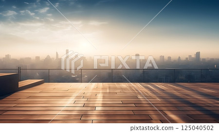 Sunset View from Balcony Overlooking Misty Cityscape with Wooden Deck and Clear Sky 125040502