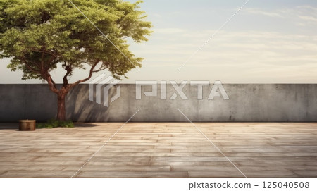 Spacious Outdoor Backyard Deck with Tree and Concrete Wall Under Clear Sky Spacious Outdoor Backyard Deck with Tree and Concrete Wall Under Clear Sky 125040508
