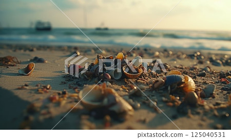 Coastal Treasures, Assorted Empty Seashells on Sandy Beach 125040531