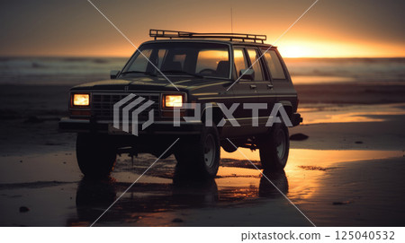 Coastal Sunset Serenity with Car Parked on Sandy Beach with Radiant Sky 125040532