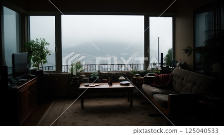 Vintage High Rise Apartment Living Room with Misty Cityscape View Vintage High Rise Apartment Living Room with Misty Cityscape View 125040533