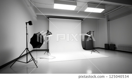 Photography Studio Setup for Model Shoots with lighting set and white background setting. 125040534