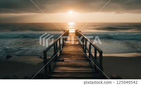 Wooden Jetty Extending into Calm Sea Waters with sunset view Wooden Jetty Extending into Calm Sea Waters with sunset view 125040542