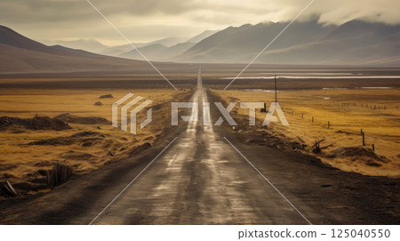 Tranquil Countryside Road Winding Through Serene Mountain Landscape with beautiful cloudy sky. Tranquil Countryside Road Winding Through Serene Mountain Landscape with beautiful cloudy sky. 125040550