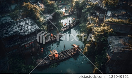 Aerial Panorama of Stilted Water Village at Dusk, Life Above the River 125040561