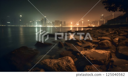 Luminous Cityscape by the Sea, A Night View of Glowing Urban Splendor Luminous Cityscape by the Sea, A Night View of Glowing Urban Splendor 125040562