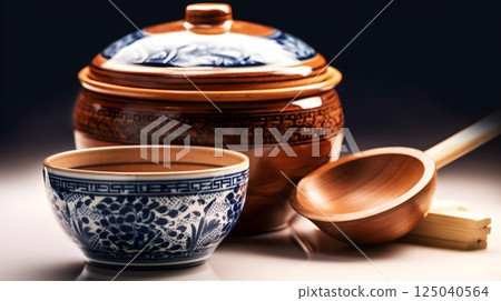 Elegant Asian Ceramic Bowls with Wooden Ladle on Dark Gradient Backdrop Elegant Asian Ceramic Bowls with Wooden Ladle on Dark Gradient Backdrop 125040564