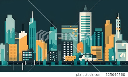 Simple illustration of city scape skyscraper high rise building, car and train. Simple illustration of city scape skyscraper high rise building, car and train. 125040568