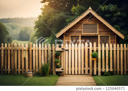 Wooden Cabin with Picket Fence Amidst Lush Greenery and Rolling Hills at Sunset Wooden Cabin with Picket Fence Amidst Lush Greenery and Rolling Hills at Sunset 125040571