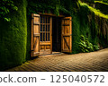 Old Wooden Door hidden in a green Garden, Surrounded by Lush Greenery on a Cobblestone Pathway 125040572