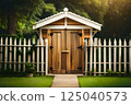 Elegant Wooden Entrance Amidst Lush Greenery, Illuminated by Soft Natural Light 125040573