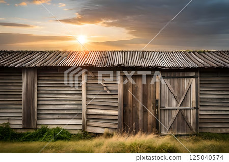 Golden Sunset Over Rustic Wooden Barn Amidst Tranquil Countryside Golden Sunset Over Rustic Wooden Barn Amidst Tranquil Countryside 125040574
