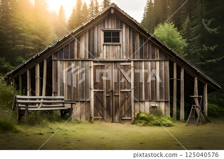Rustic Barn Nestled in Verdant Forest 125040576